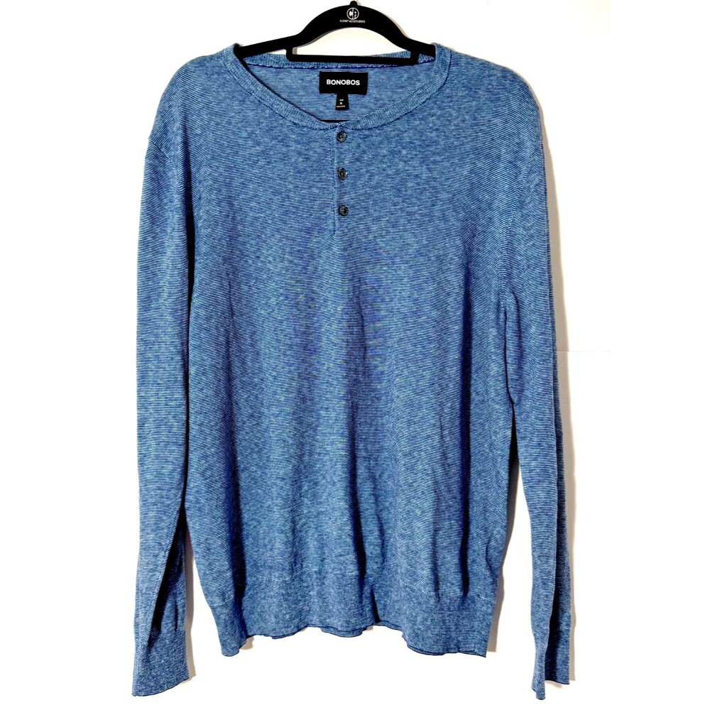 Bonobos Henley Shirt Mens XL Blue Stripe Cotton Linen Long Sleeve